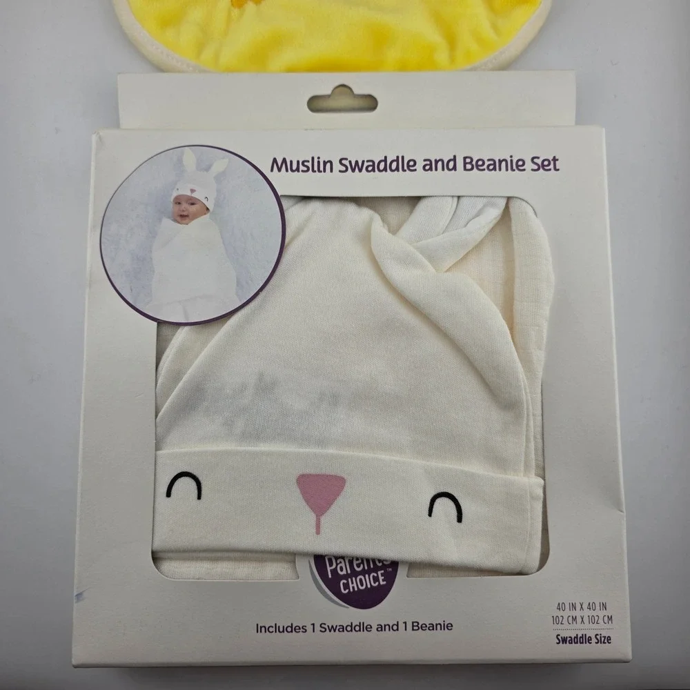 Parent's Choice Baby Swaddle‎ and Beanie Set with Bib 2-Piece Bunny New
